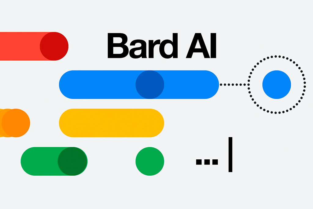 Composição de formas geométricas circulares e cilíndricas nas cores vermelho, azul, amarelo e verde; No canto inferior direito reticencias seguido de uma barra vertical em preto. Na parte superior um escrito dizendo "Bard AI" também em preto. Todos em fundo branco.