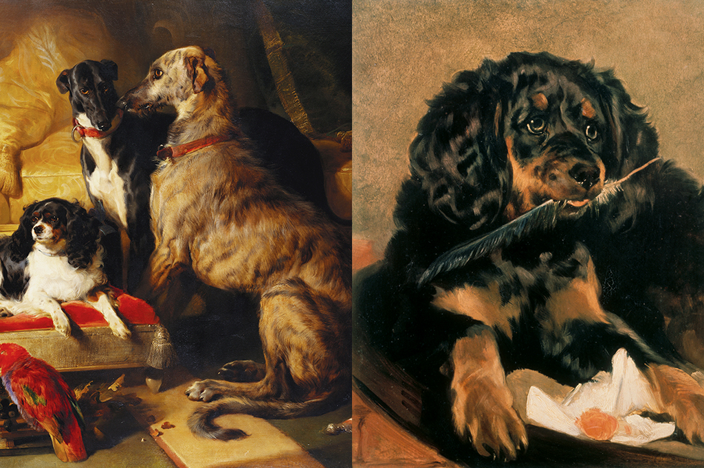 0330_retrato_caes_layout_site6 À esquerda: Edwin Landseer, Hector, Nero and Dash with the Parrot Lory, 1838. A direita: Edwin Landseer, Queen Victoria's Spaniel ‘Tilco’, 1838 Anglesey Abbey