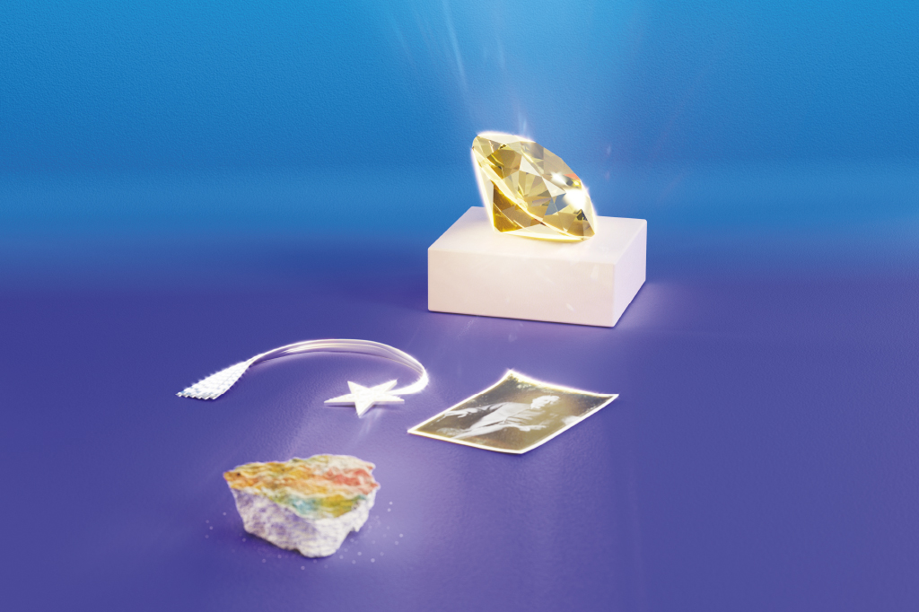 SI_450_Diamantes2_site Ilustração 3D do diamante Eureka refletindo luz em elementos importantes na história dos diamantes, como: um fragmento do muro de Berlim, uma foto de Cecil Rhodes e um colar da Chanel.