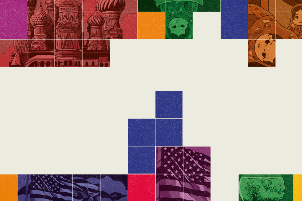 Ilustração com cenas da história da criação do Tetris dentro de áreas que formam amontoados de pecinhas do jogo.