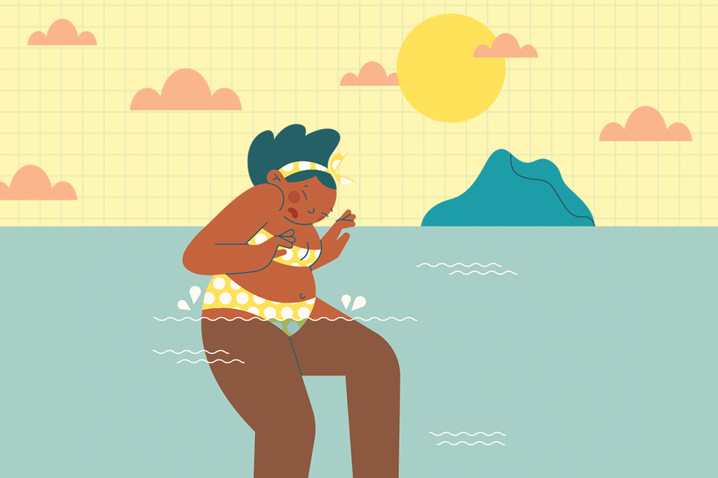 Ilustração de uma pessoinha entrando na água do mar, visivelmente com frio.