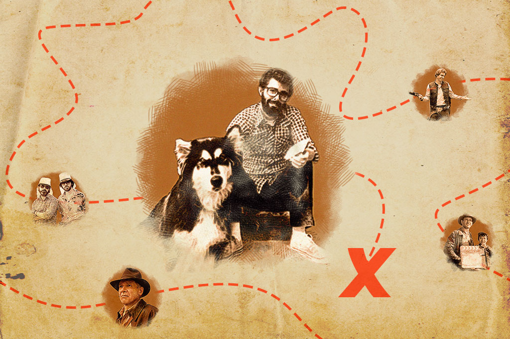 SI_452_playlist_abre2_site Montagem com foco na imagem do George Lucas e seu cachorro de nome Indiana; a composição faz alusão a um mapa do tesouro.