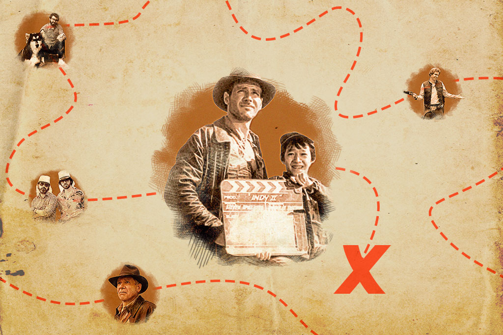 SI_452_playlist_abre4_site Montagem com foco na imagem dos bastidores do filme Indiana Jones e o Templo da Perdição (1984); a composição faz alusão a um mapa do tesouro.