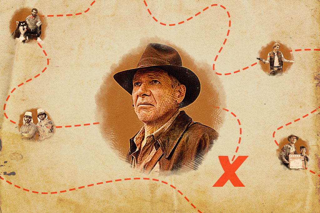 SI_452_playlist_abre5_site Montagem com foco na imagem do Harrison Ford no novo filme Indiana Jones e o Chamado do Destino (2023); a composição faz alusão a um mapa do tesouro.