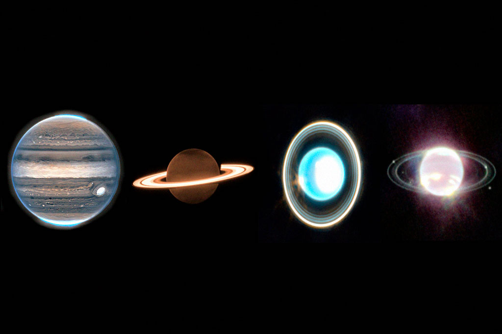 0717_James_Web1_layout_site A partir da esquerda, Júpiter, Saturno, Urano e Netuno vistos no infravermelho próximo pelo JWST.