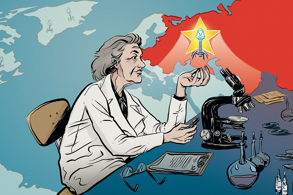 Ilustração de uma cientista segurando um bacteriófago em seu laboratório. No fundo, é possível ver um mapa mundi com a antiga união soviética em destaque e diversos bacteriófagos espalhados pelo mundo.