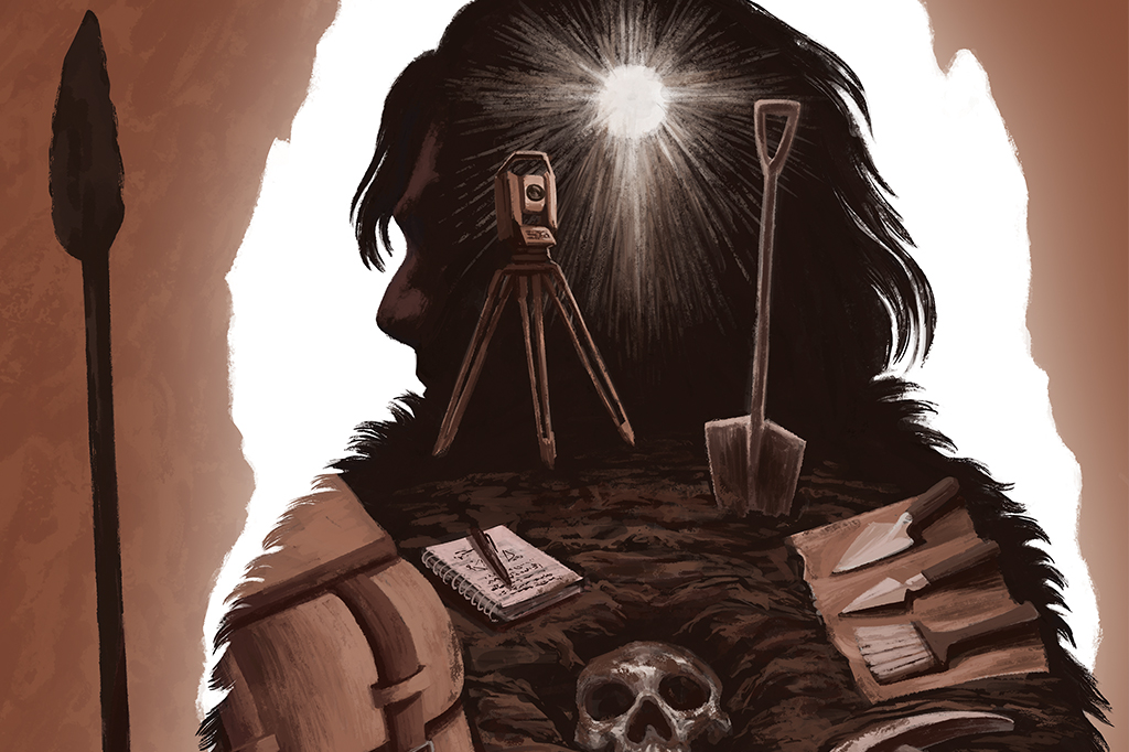 Silhueta neandertal, preenchida com objetos e equipamentos arqueológicos.