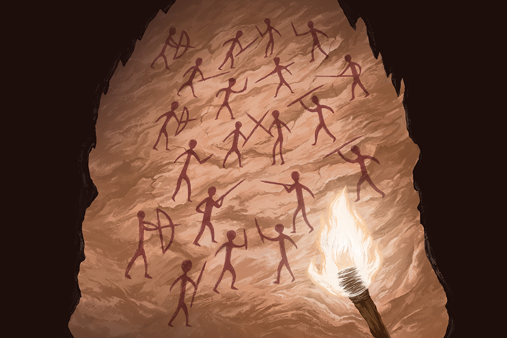 SI_453_neandertais2 Pintura rupestre representando as espécies Homo sapiens e Homo neanderthalensis em conflito.