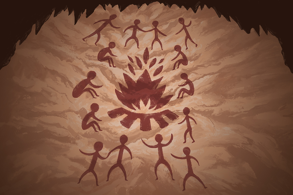 SI_453_neandertais6 Pintura rupestre de grupos de pessoas em comunidade, em volta de uma fogueira.