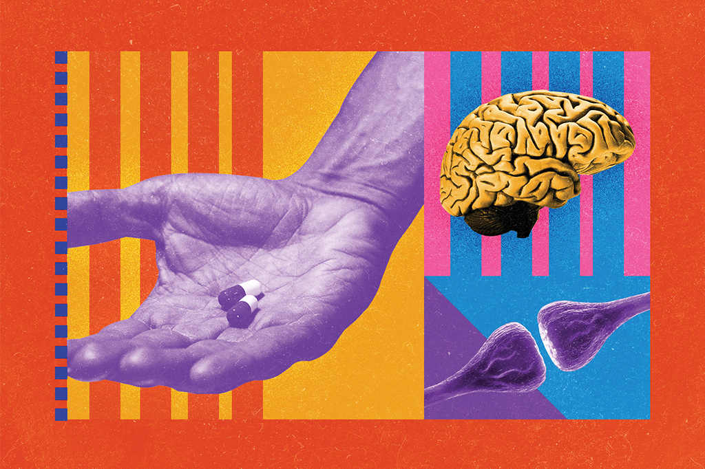 Colagem com uma mão segurando pílula, um cérebro e neurotransmissores.