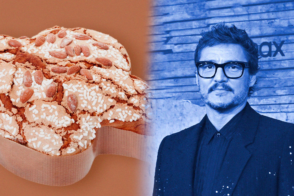 Montagem com fotos do bolo colomba e retrato do Pedro Pascal.