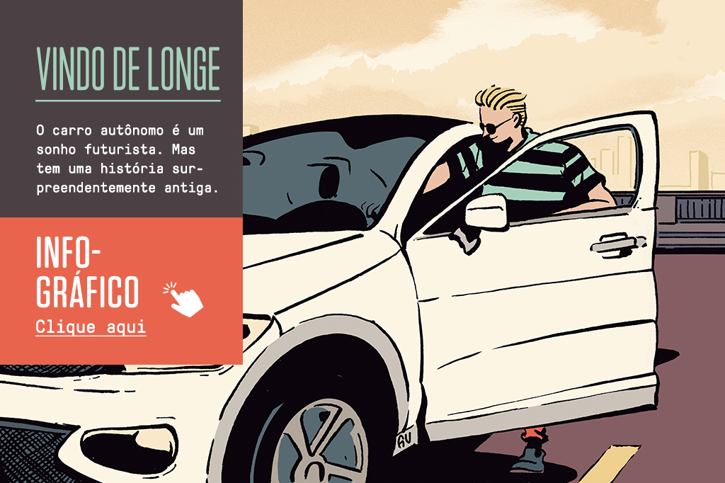 Ilustra&ccedil;&atilde;o de um personagem entrando num carro, com um box escrito &ldquo;Vindo de longe&rdquo; e um bot&atilde;o de &ldquo;Clique aqui&rdquo; que direciona para uma linha do tempo do carro aut&ocirc;nomo.