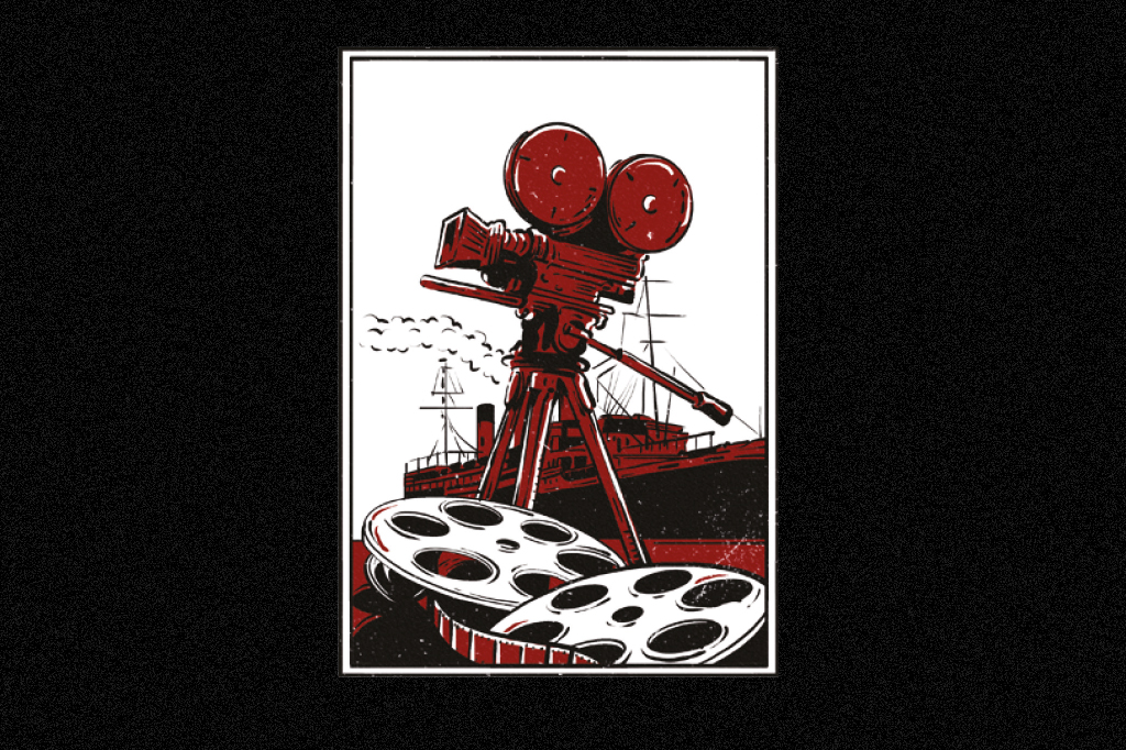 SI_457_Titanic-nazista_3-1 Ilustração de uma câmera filmadora, junto a rolos de filmes antigos e o Cap Arcona ao fundo.