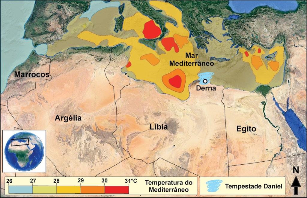 Mapa mostrando o aquecimento das águas do Mar Mediterrâneo.