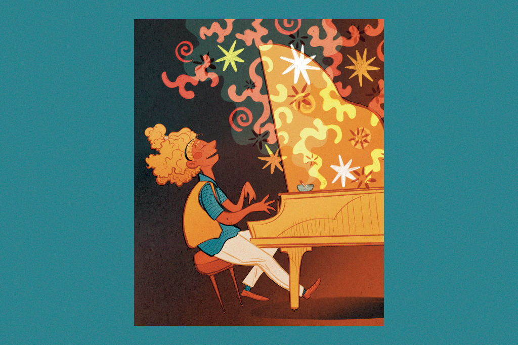 Ilustração de menina tocando piano.