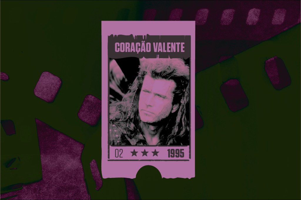 Montagem com cena do filme Coração Valente (1995) em tons roxo.