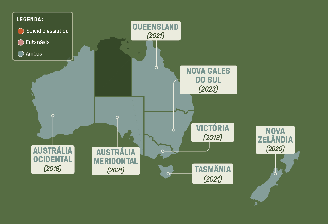 Mapa da Austr&aacute;lia e Nova Zel&acirc;ndia, com as marca&ccedil;&otilde;es por cor dos locais que &eacute; legalizado o suic&iacute;dio assistido, a eutan&aacute;sia ou ambos.