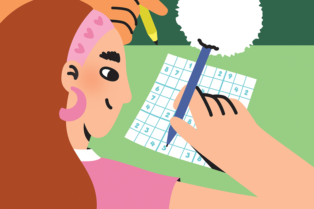 Uma menina resolvendo um tabuleiro de sudoku, com acessórios que remetem aos anos 2000, como faixa no cabelo, brinco de argolas e uma caneta com pompom na ponta.