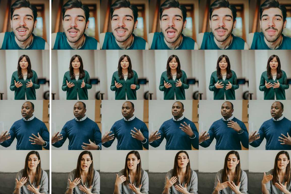 Demonstração do funcionamento da ferramenta na qual cinco imagens de diferentes pessoas estão dispostas em linhas horizontais. Na coluna da esquerda (verticalmente) estão as imagens de entrada e, na direita, o resultado dos frames das animações respectivas de cada pessoa.