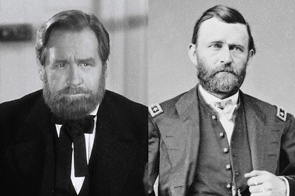 Montagem com retratos de Joseph Crehan caracterizado e Ulysses S. Grant, lado a lado.