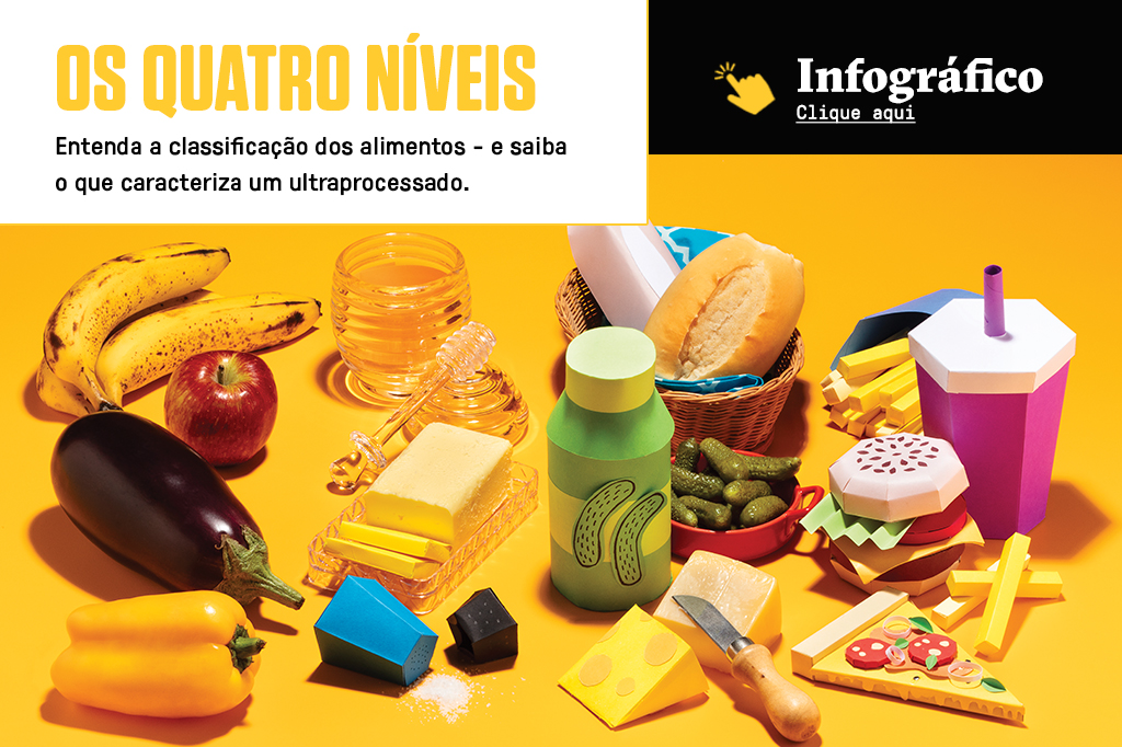 SI_463_Ultraprocessados_site-03 Foto de diversos alimentos, lentamente se transformando em alimentos de papéis. Em cima da foto, tem um box com “Infográfico - Clique aqui” que redireciona para um infográfico completo sobre os quatro níveis diferentes de classificação dos alimentos.