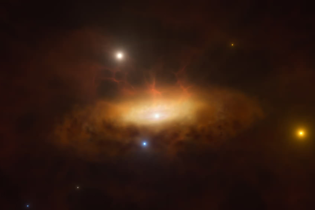 A impressão artística mostra o disco crescente de matéria que é puxado pelo buraco negro à medida que se alimenta do gás disponível na sua vizinhança, fazendo com que a galáxia se ilumine.