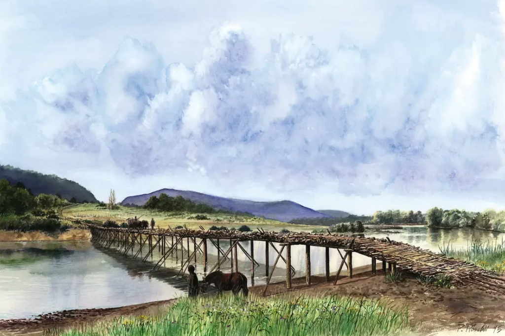 Reconstrução artística da ponte Cornaux/Les Sauges.