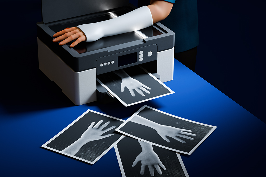 Uma pessoa escaneando seu braço, que está engessado. E a copiadora está imprimindo a imagem como se o braço estivesse curado.