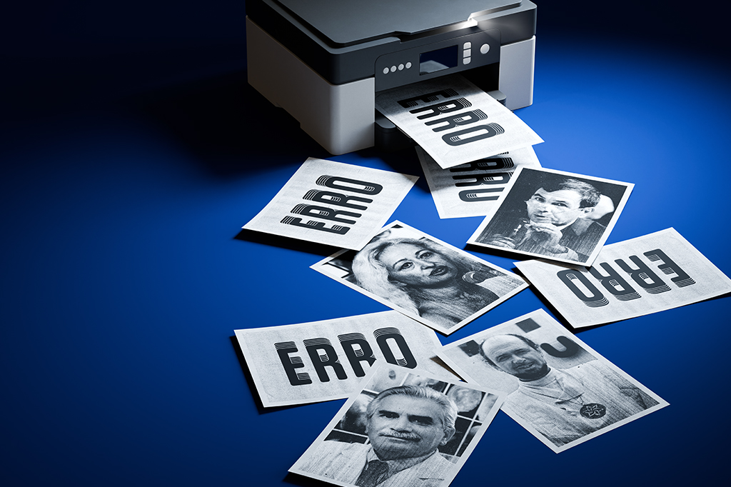Uma copiadora imprimindo várias folhas com mensagens de ERRO e retratos dos cientistas picaretas citados no texto.