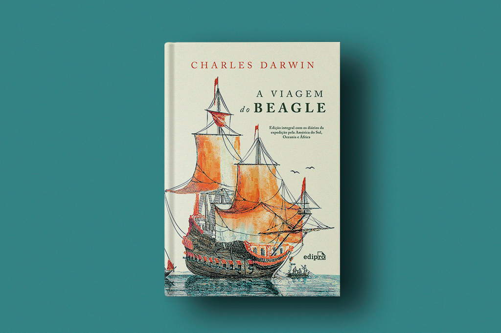 Imagem do livro A viagem do Beagle em fundo azul.