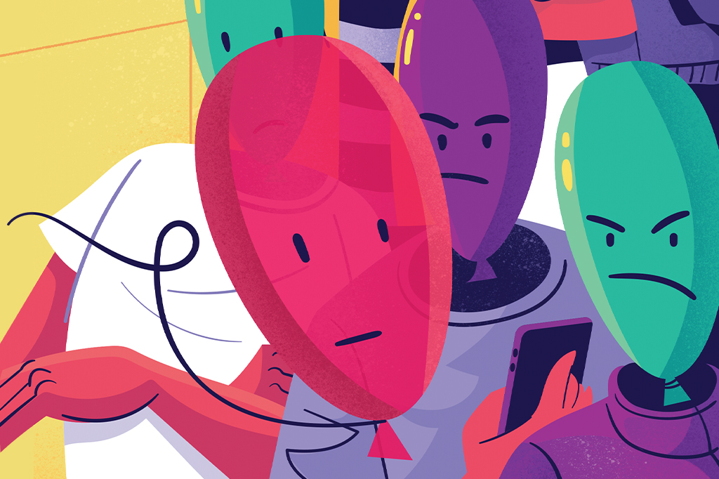 Ilustra&ccedil;&atilde;o de v&aacute;rias pessoas com cabe&ccedil;a de bal&atilde;o. Em v&aacute;rios desses bal&otilde;es suas fei&ccedil;&otilde;es s&atilde;o infelizes. Apenas um segue com uma cara indiferente voando sem o corpo.