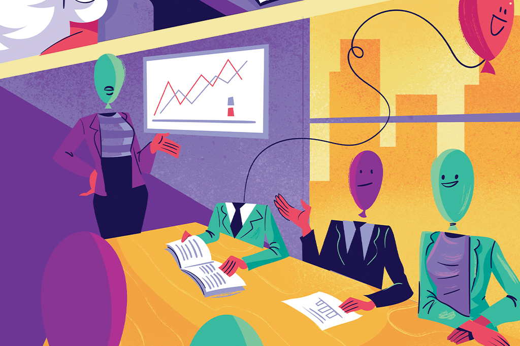 Ilustra&ccedil;&atilde;o de pessoas sentadas em uma mesa enquanto acontece uma reuni&atilde;o. As pessoas possuem cabe&ccedil;as em formato de bal&atilde;o e uma das cabe&ccedil;as est&aacute; flutuando para fora da sala.