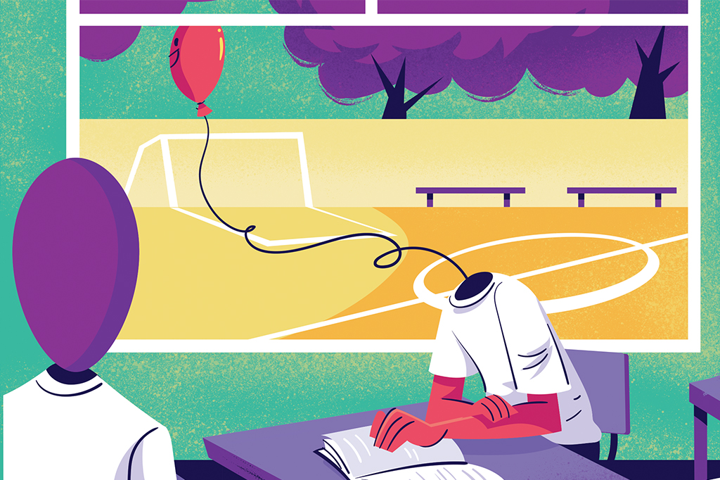 Ilustra&ccedil;&atilde;o de um aluno sentado dentro da sala de aula. Sua cabe&ccedil;a &eacute; em formato de bal&atilde;o e sai em dire&ccedil;&atilde;o a quadra de futebol, distante de seu corpo.