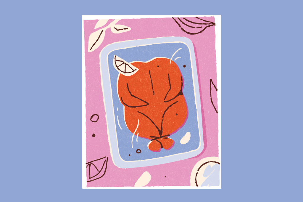 Ilustra&ccedil;&atilde;o de um frango assado em uma forma