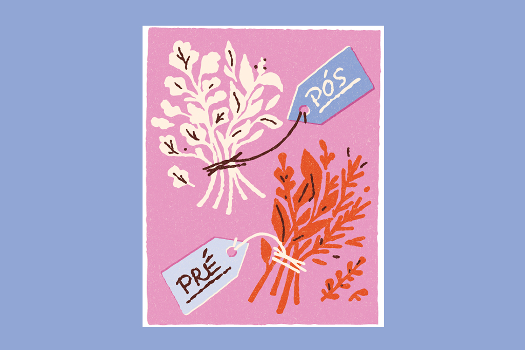 Ilustra&ccedil;&atilde;o de dois buqu&ecirc;s de flores com uma etiqueta escrito 