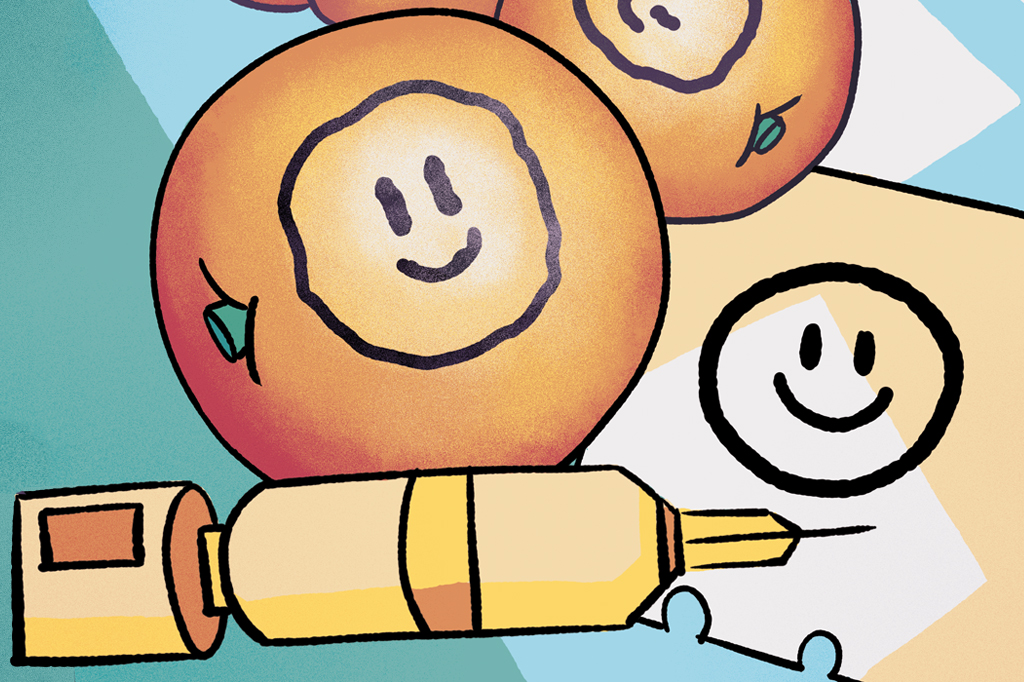 Ilustra&ccedil;&atilde;o de laranjas e uma folha de papel sendo usadas para testar um pigmento para tatuagem.