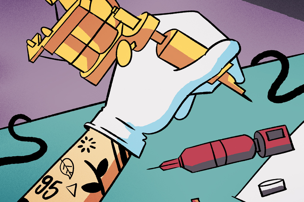 Ilustra&ccedil;&atilde;o de uma m&atilde;o, com luva cir&uacute;rgica, utilizando a m&aacute;quina tatuadora.