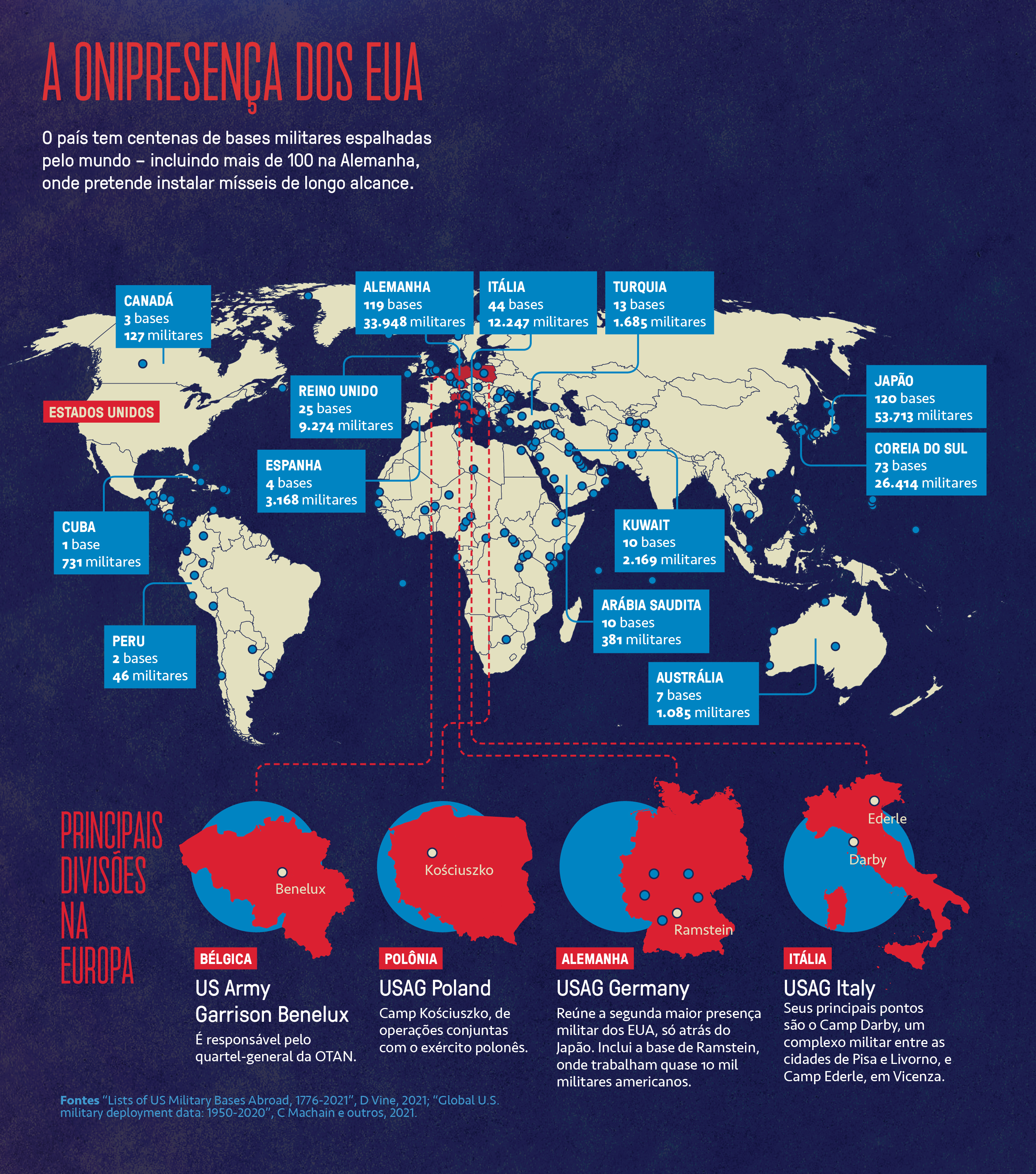 Infogr&aacute;fico, em fundo azul escuro, descrevendo a presen&ccedil;a militar dos EUA no mundo.