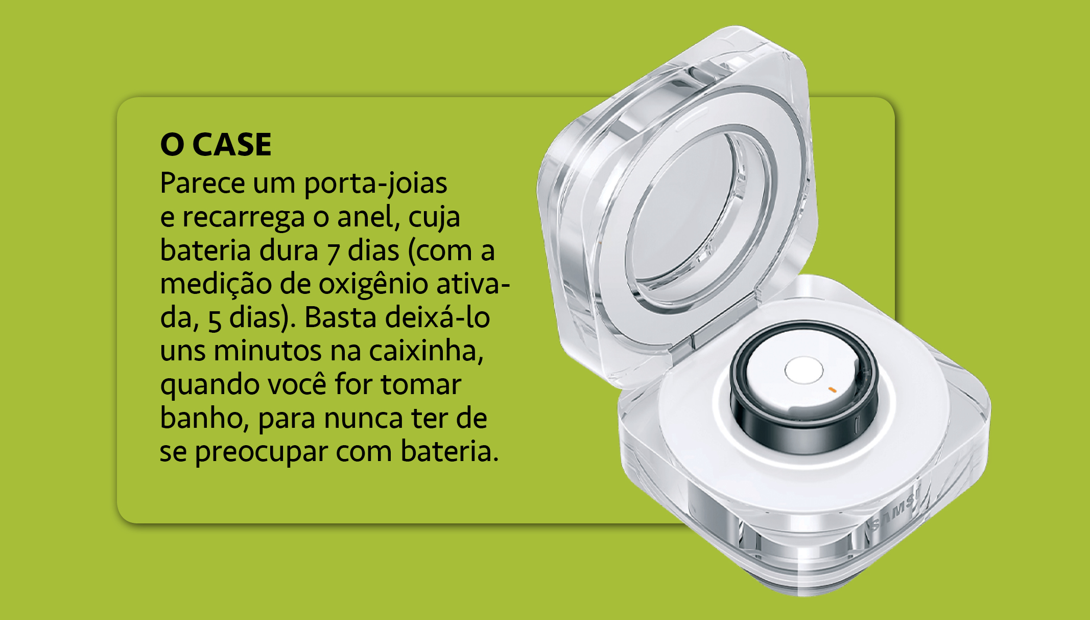 Imagem do case carregador de bateria do Galaxy Ring, em fundo verde.