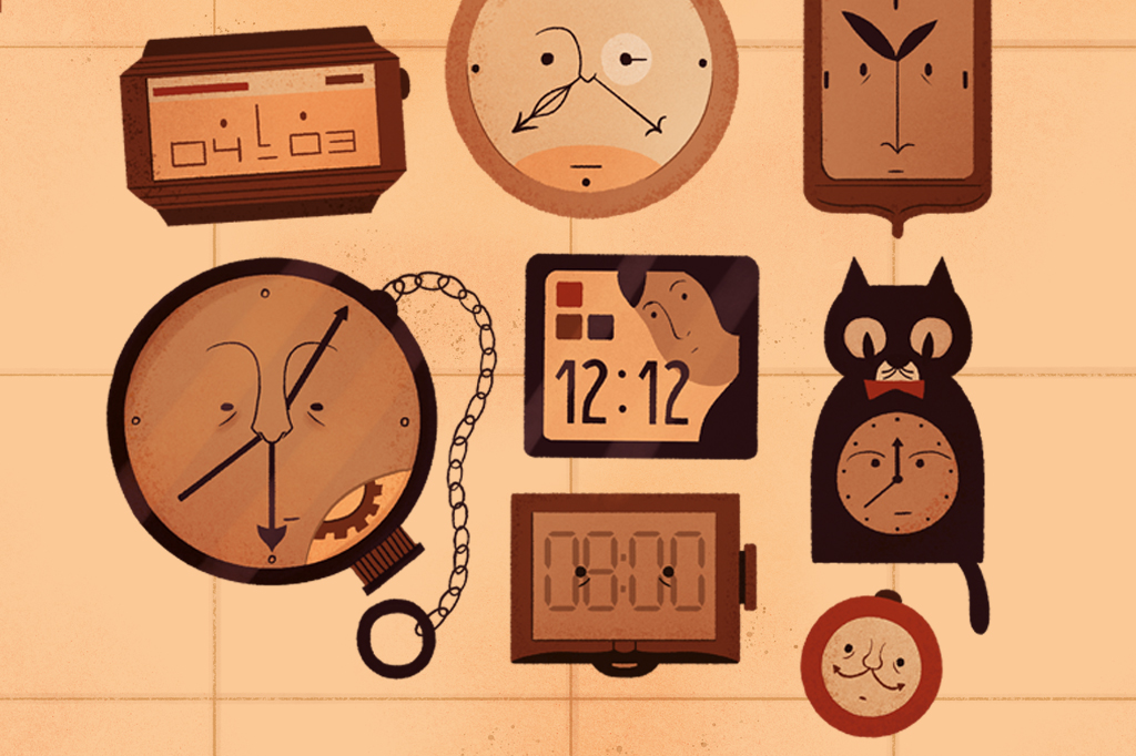 Ilustra&ccedil;&atilde;o, em fundo marrom claro, de diversos rel&oacute;gios na parede.