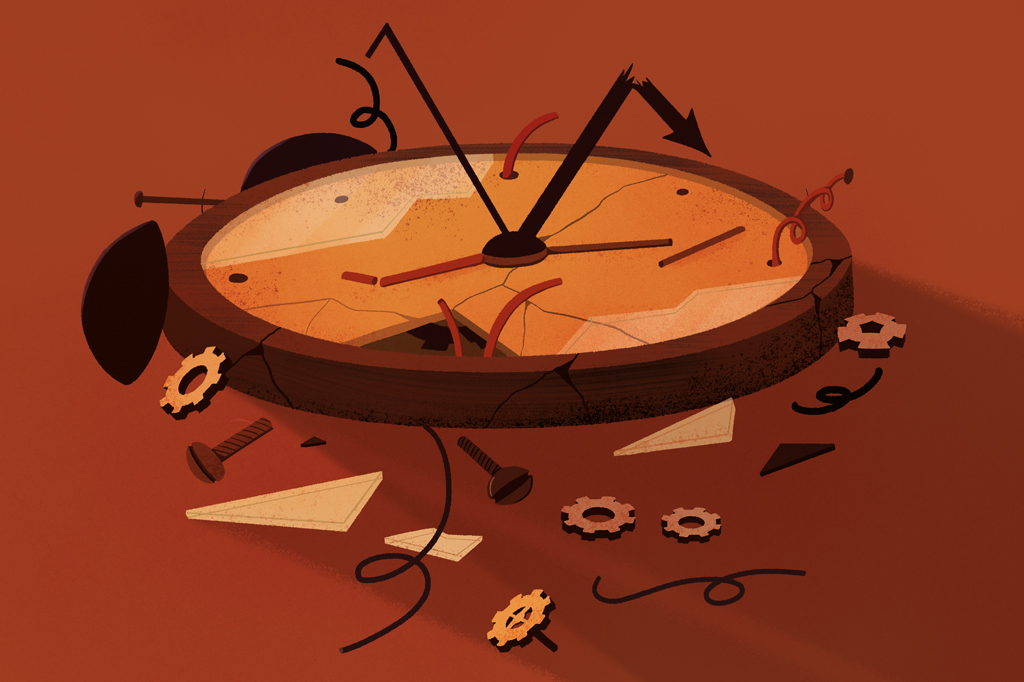 Ilustra&ccedil;&atilde;o, em fundo marrom, de um rel&oacute;gio quebrado com suas engrenagens espalhadas ao redor.