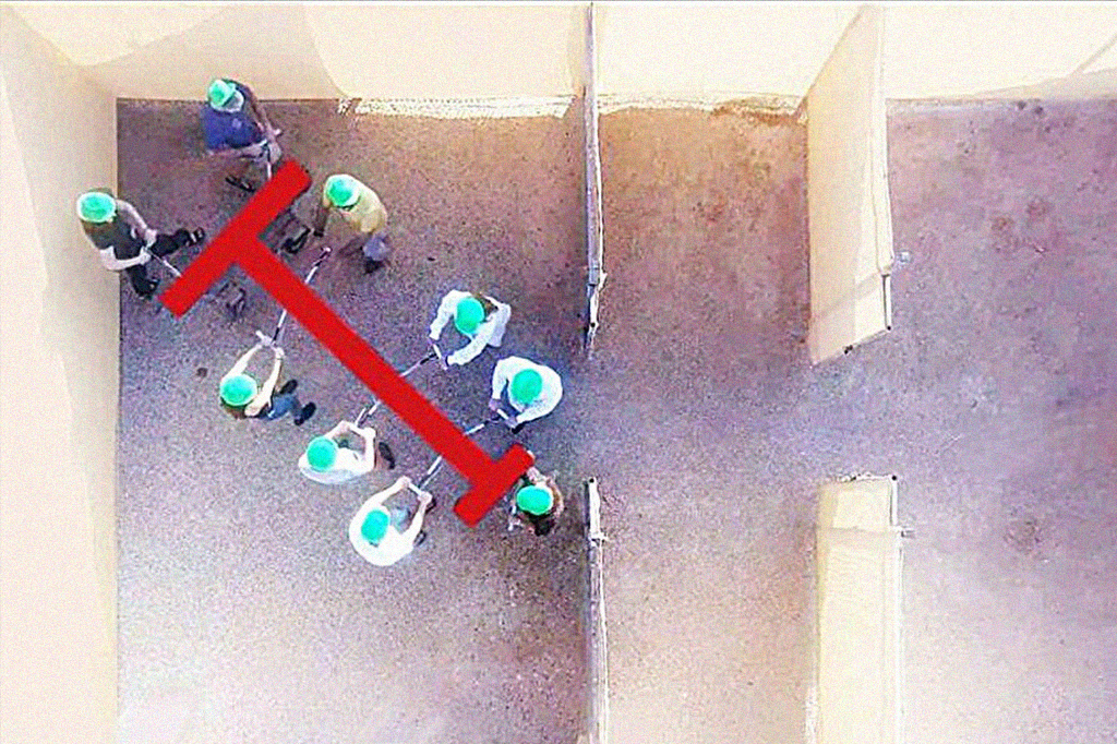 Formigas e humanos competem para manobrar uma carga em forma de T atrav&eacute;s de um labirinto.