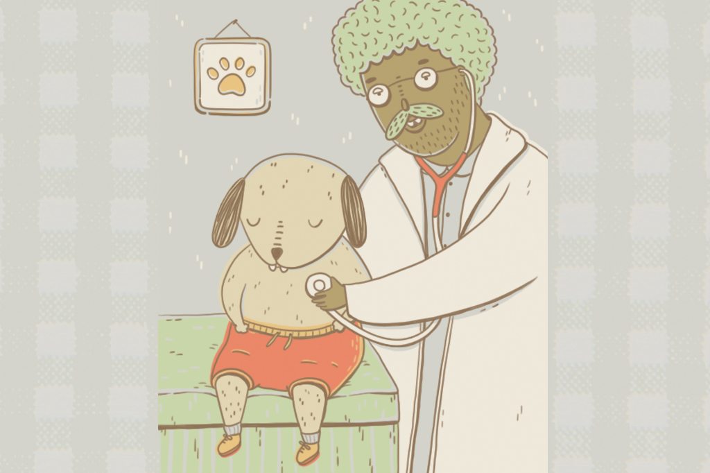 Ilustra&ccedil;&atilde;o, em fundo cinza, de um cachorro passando em consulta numa cl&iacute;nica veterin&aacute;ria.