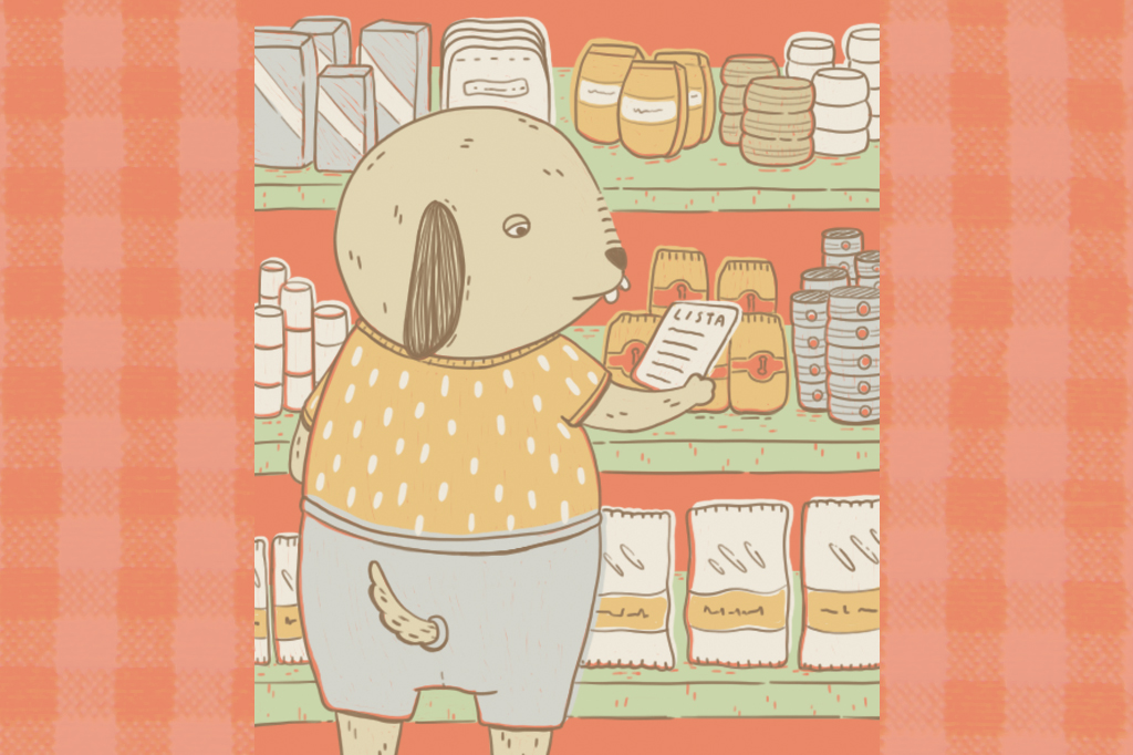 Ilustra&ccedil;&atilde;o, em fundo vermelho, de um cachorro fazendo compras num mercado.
