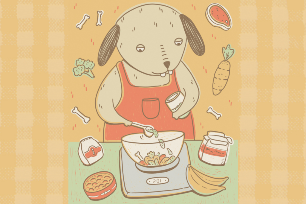 Ilustra&ccedil;&atilde;o, em fundo laranja, de um cachorro preparando um alimento.