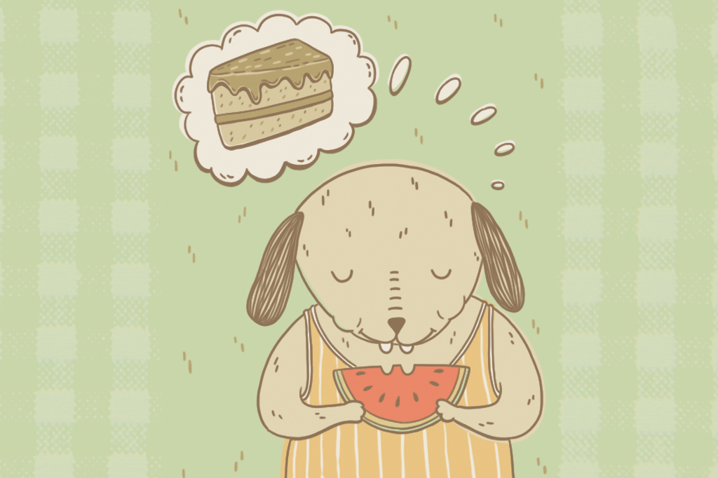 Ilustra&ccedil;&atilde;o, em fundo verde, de um cachorro comendo melancia e pensando num peda&ccedil;o de bolo.