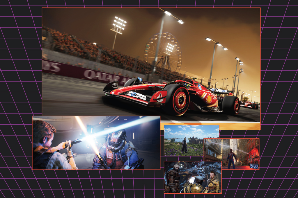 Imagem de telas de jogos de v&iacute;deo game, em escuro quadriculado.