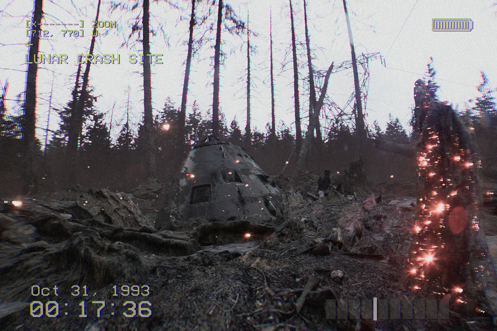 Imagem de uma capsular lunar estacionada numa floresta.