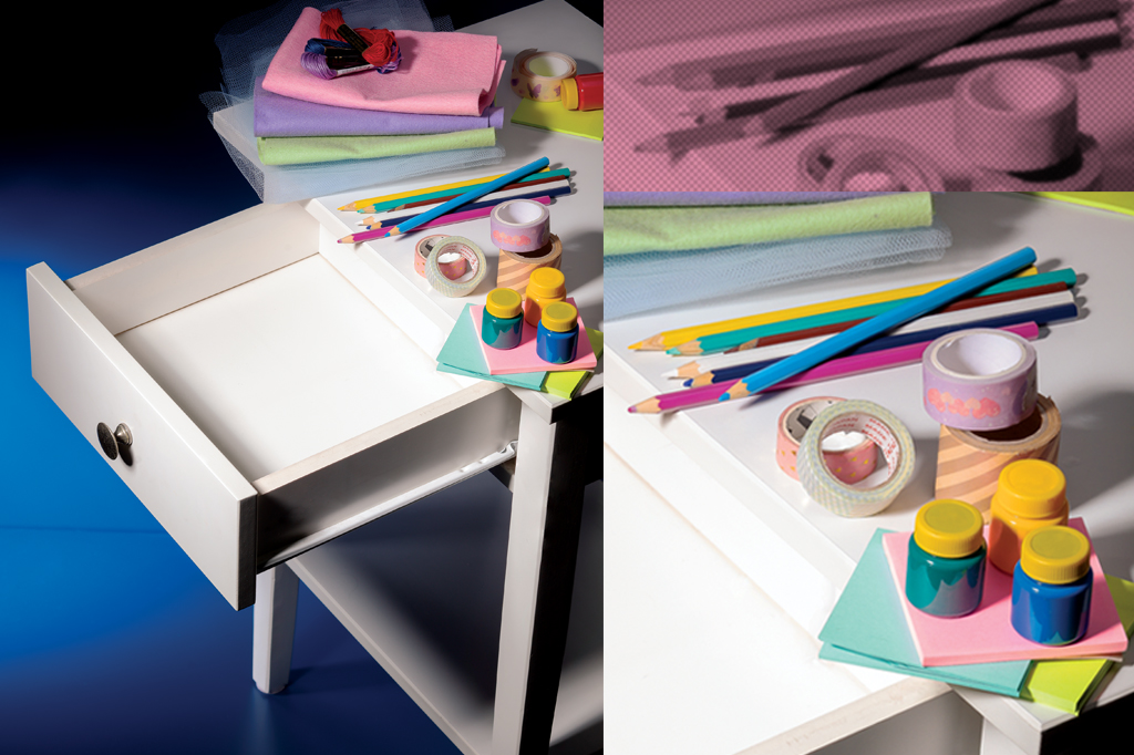 Imagem, em composi&ccedil;&atilde;o, de uma gaveta branca aberta vazia e diversos materiais para arte.