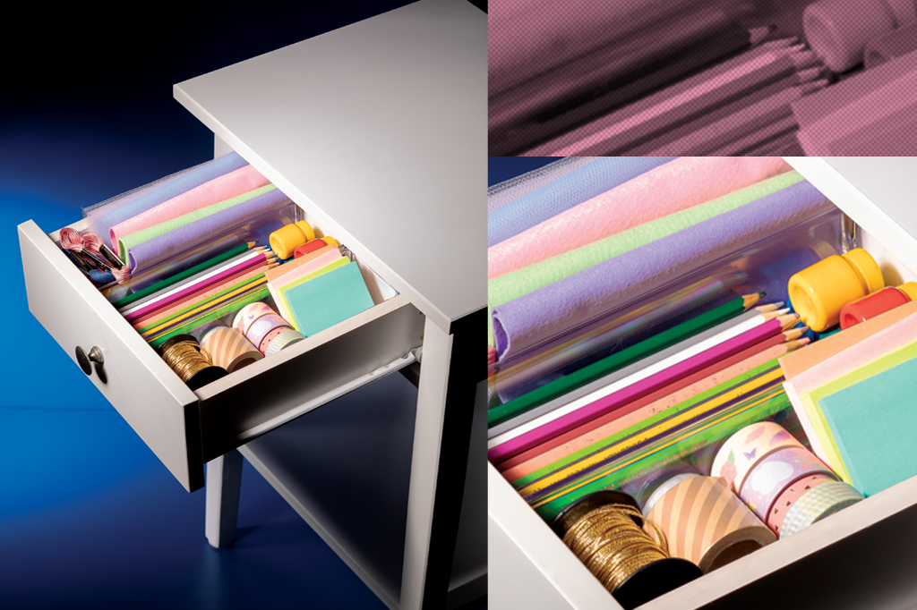 Imagem, em composi&ccedil;&atilde;o, de uma gaveta branca aberta com diversos materiais para arte.